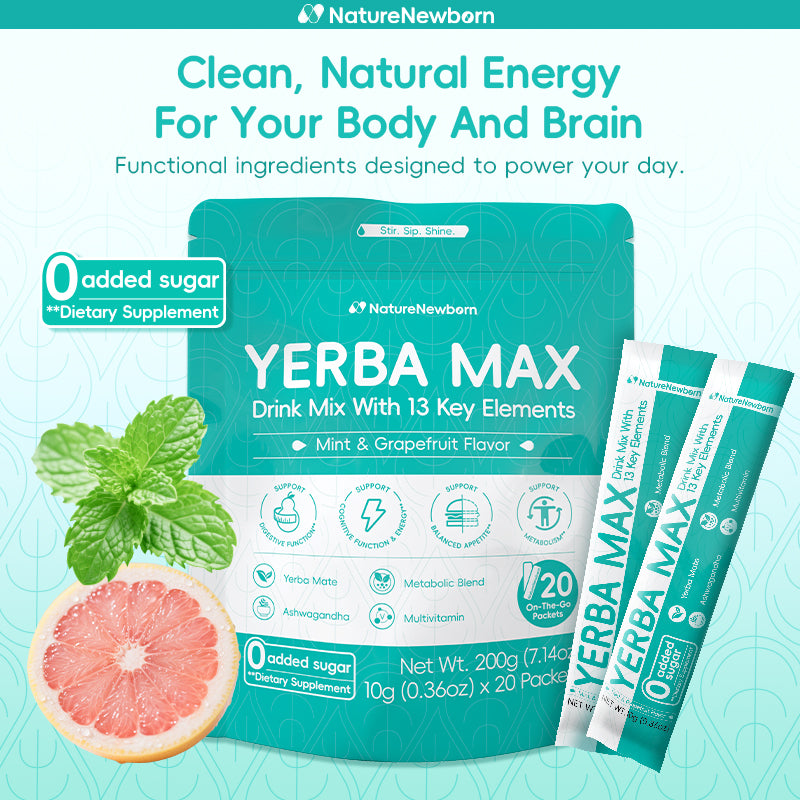Yerba Max Drink Mix With 13 Key Elements| 0 Added Sugar| 100% All Natural Ingredients| 20 Sticks| Instant Drink Powder| Metabolism and Gut Health Made Simple