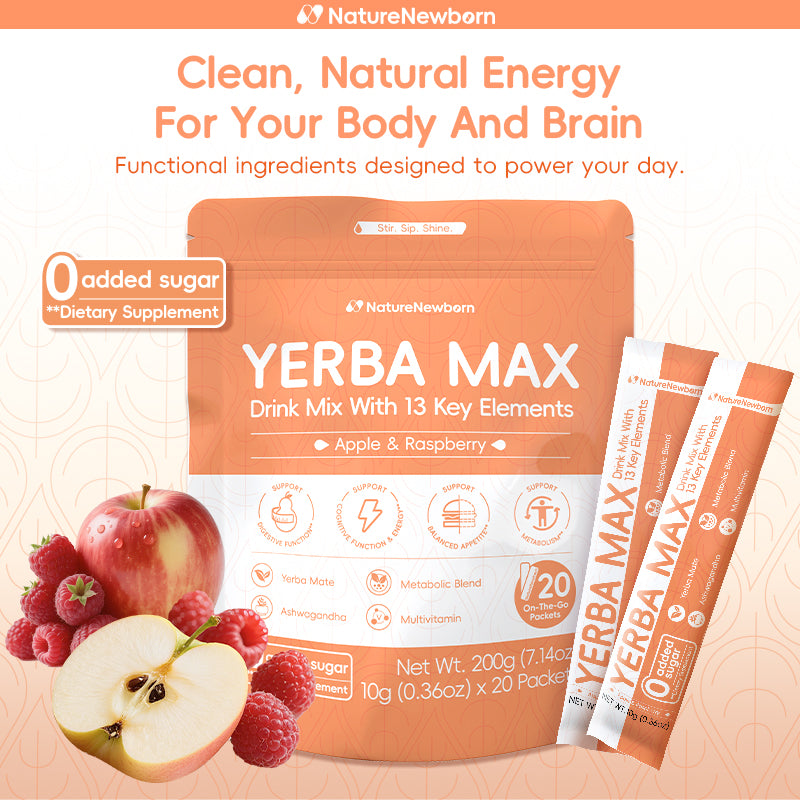 Yerba Max Drink Mix With 13 Key Elements| 0 Added Sugar| 100% All Natural Ingredients| 20 Sticks| Instant Drink Powder| Metabolism and Gut Health Made Simple
