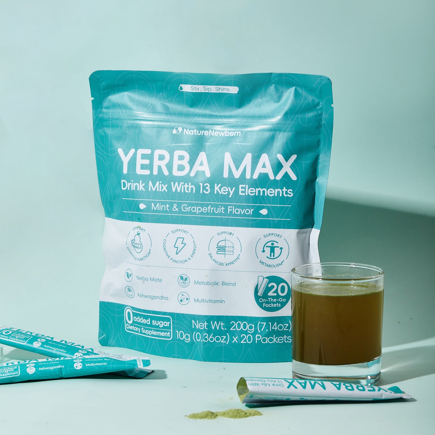 Yerba Max Drink Mix With 13 Key Elements| 0 Added Sugar| 100% All Natural Ingredients| 20 Sticks| Instant Drink Powder| Metabolism and Gut Health Made Simple