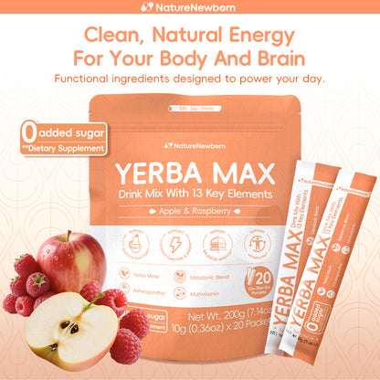 Yerba Max Drink Mix With 13 Key Elements| 0 Added Sugar| 100% All Natural Ingredients| 20 Sticks| Instant Drink Powder| Metabolism and Gut Health Made Simple