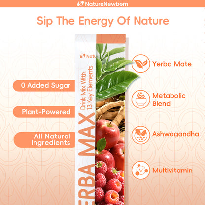 Yerba Max Drink Mix With 13 Key Elements| 0 Added Sugar| 100% All Natural Ingredients| 20 Sticks| Instant Drink Powder| Metabolism and Gut Health Made Simple