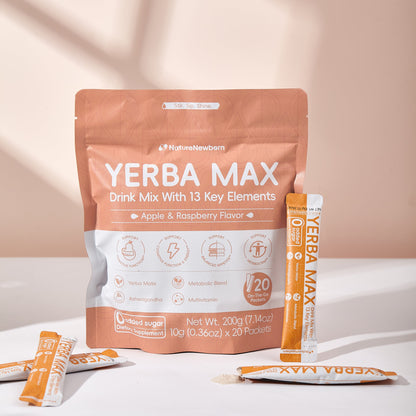 Yerba Max Drink Mix With 13 Key Elements| 0 Added Sugar| 100% All Natural Ingredients| 20 Sticks| Instant Drink Powder| Metabolism and Gut Health Made Simple