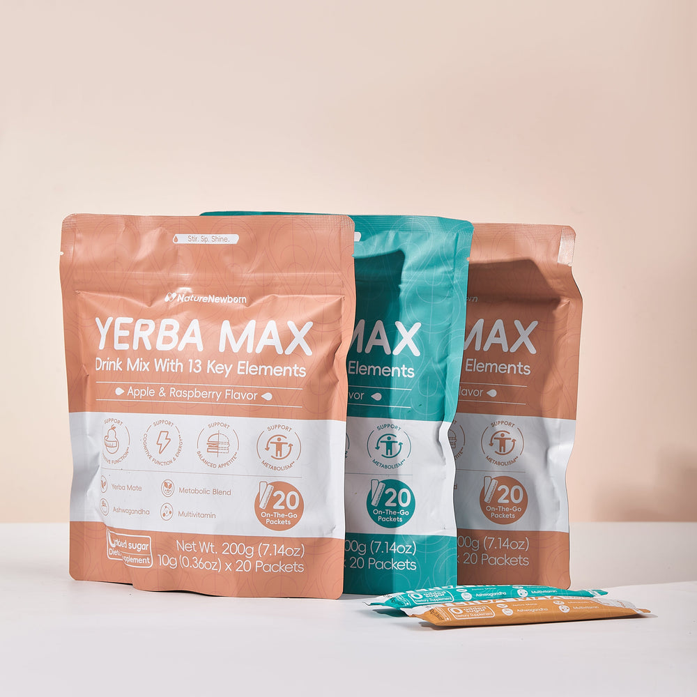 Two Yerba Max packages on a white surface with a beige background
