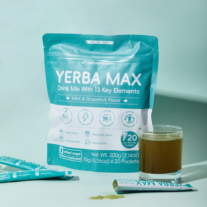 Yerba Max Drink Mix With 13 Key Elements| 0 Added Sugar| 100% All Natural Ingredients| 20 Sticks| Instant Drink Powder| Metabolism and Gut Health Made Simple